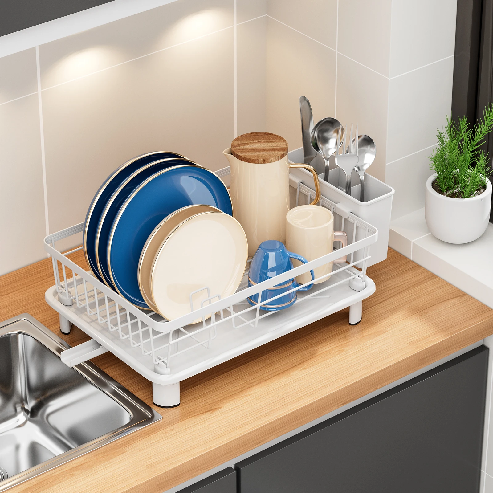 1pc Dish drying rack Kitchen countetop storage holder with drained board Dish&Bowl&tableware organizer Black White