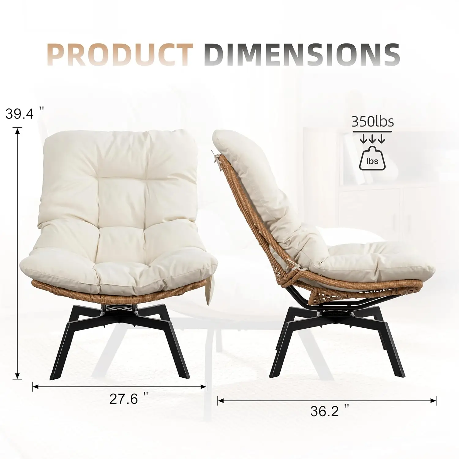 Wicker Swivel Accent Chair with Oversized Cushion & Metal Frame, Phone Pocket for Living Room Bedroom Balcony, Beige, Customized