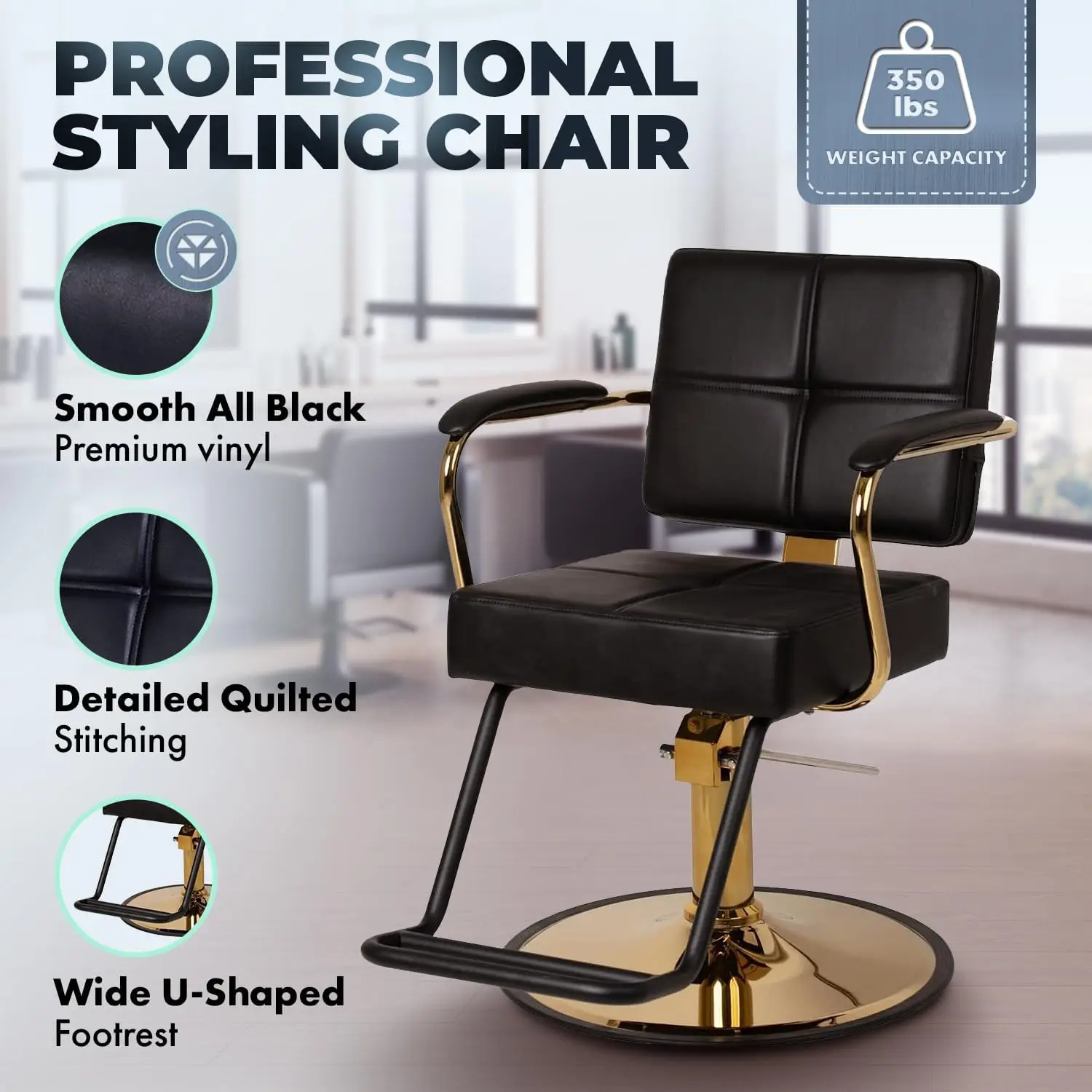 Buy-Rite Victoria Styling Chair para salones profesionales y barberos, estructura dorada, vinilo premium liso totalmente negro con detalles