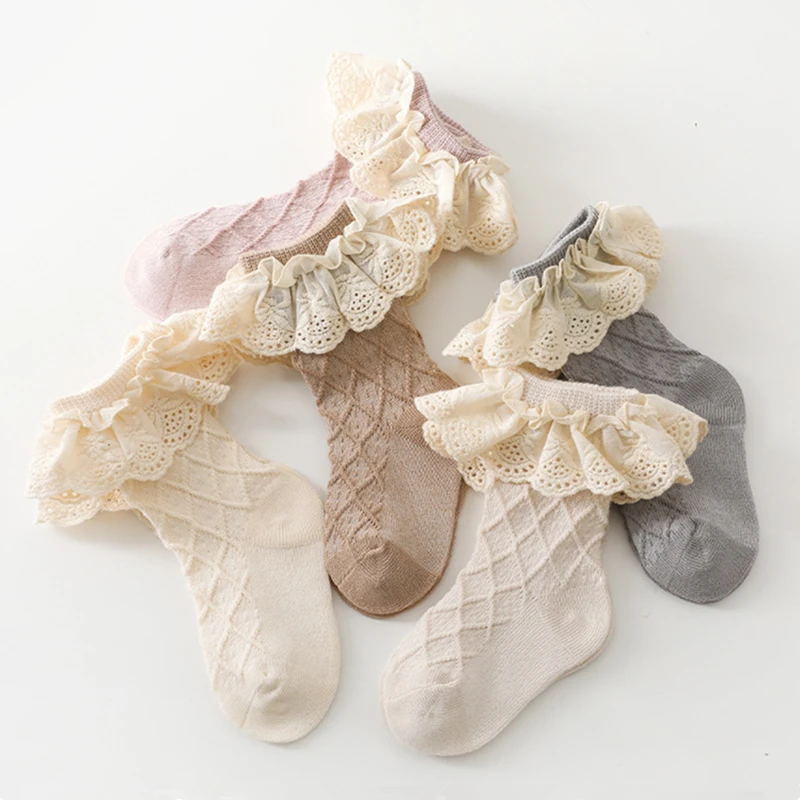 Vintage Lace Socks for Baby Girls Thick Knee Cotton Long Socks Muslin Cotton Bow Headbands Ealstic Hairbands Set