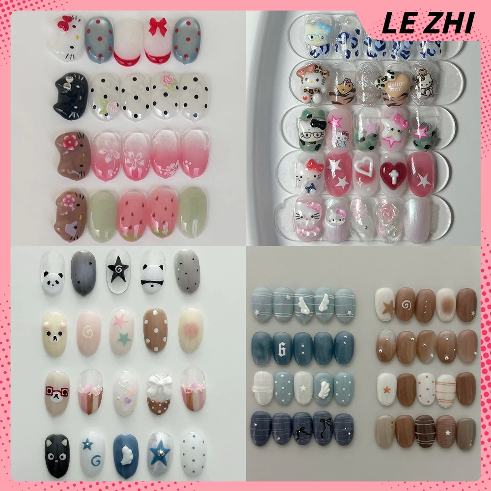 

Sanrio Hello Kitty Rilakkuma Handmande Short Square Ellipse Nails Party Sticker Polka Point Flowers Wings Pearl Press On Nail