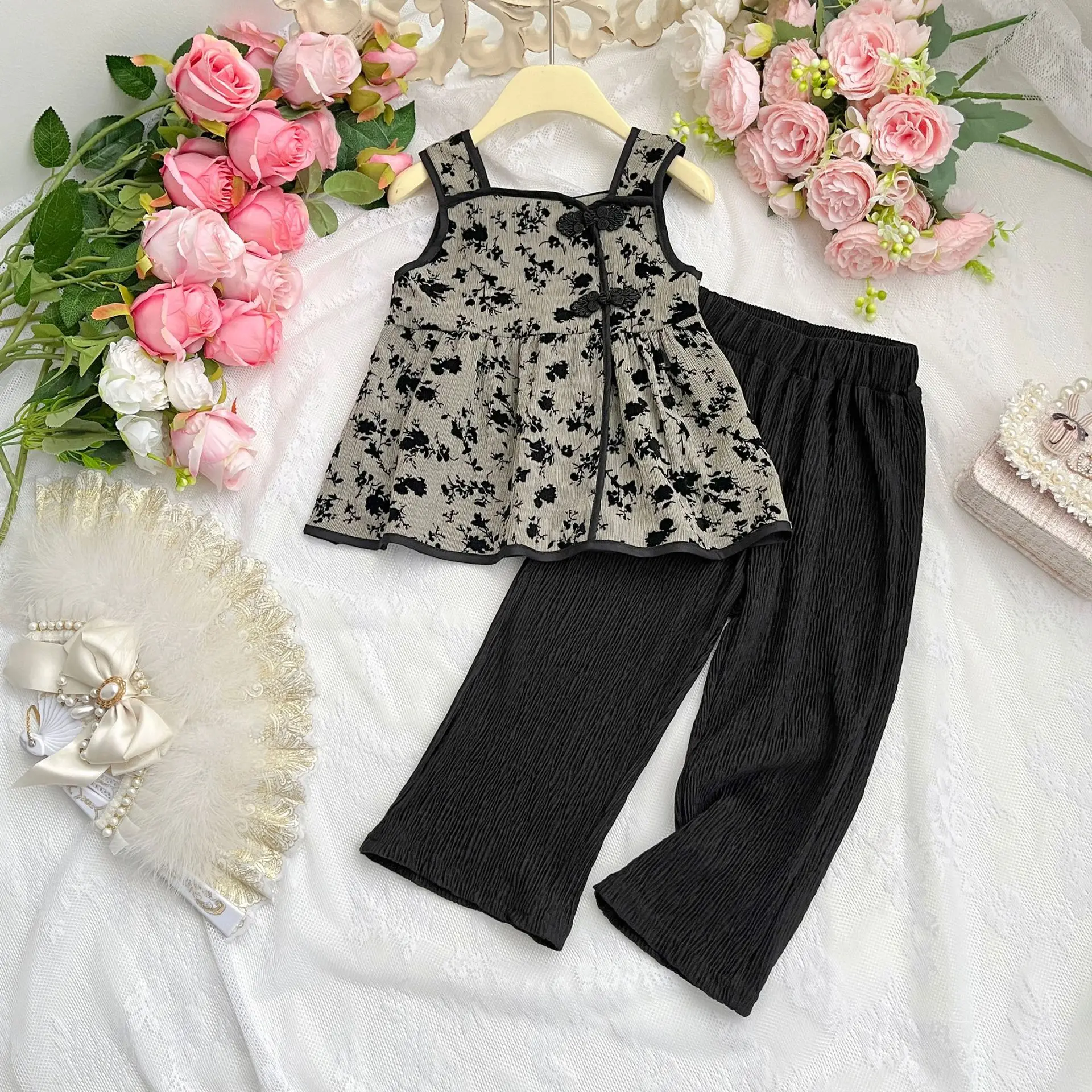 1-12Y Girls' summer suit new Korean version of floral vest + pleated wide-leg pants in children's two sets90-140cm