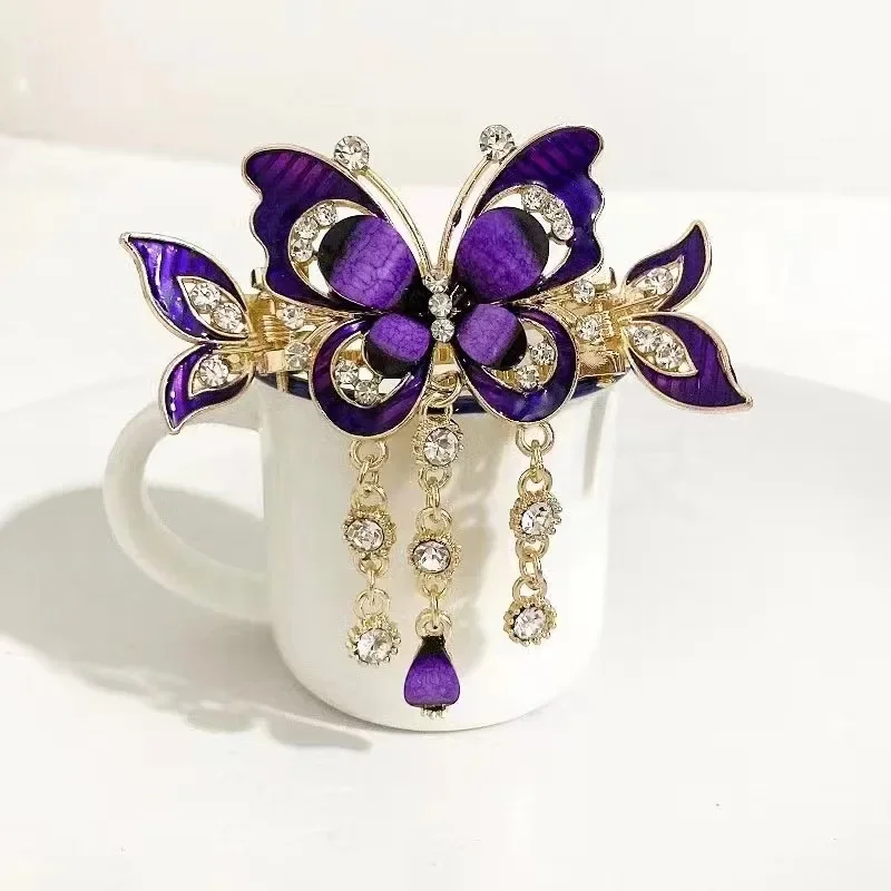 Horquilla con borla de mariposa de circón para mujer, accesorios elegantes a la moda, estilo étnico Retro, Clip de cangrejo pequeño, regalo de