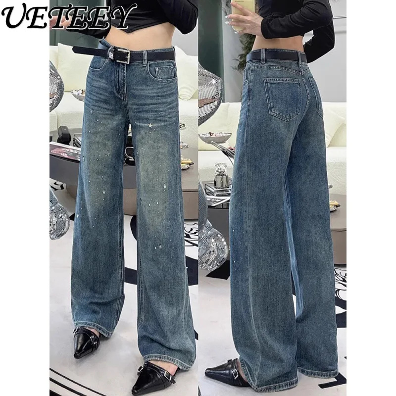 New Heavy Industry Starry with Diamonds High Quality Baggy Jeans Western Style Slimming Straight-Leg Denim Pants Trousers