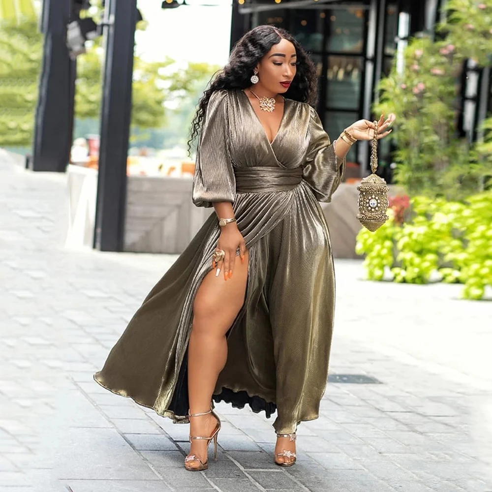 Damen-Abendkleid aus Satin und Samt, einfarbig, Übergröße, Robe, lange Ärmel, V-Ausschnitt, schmal, geteilt, Maxi, Abschlussball, Party, schick, lange Kleider