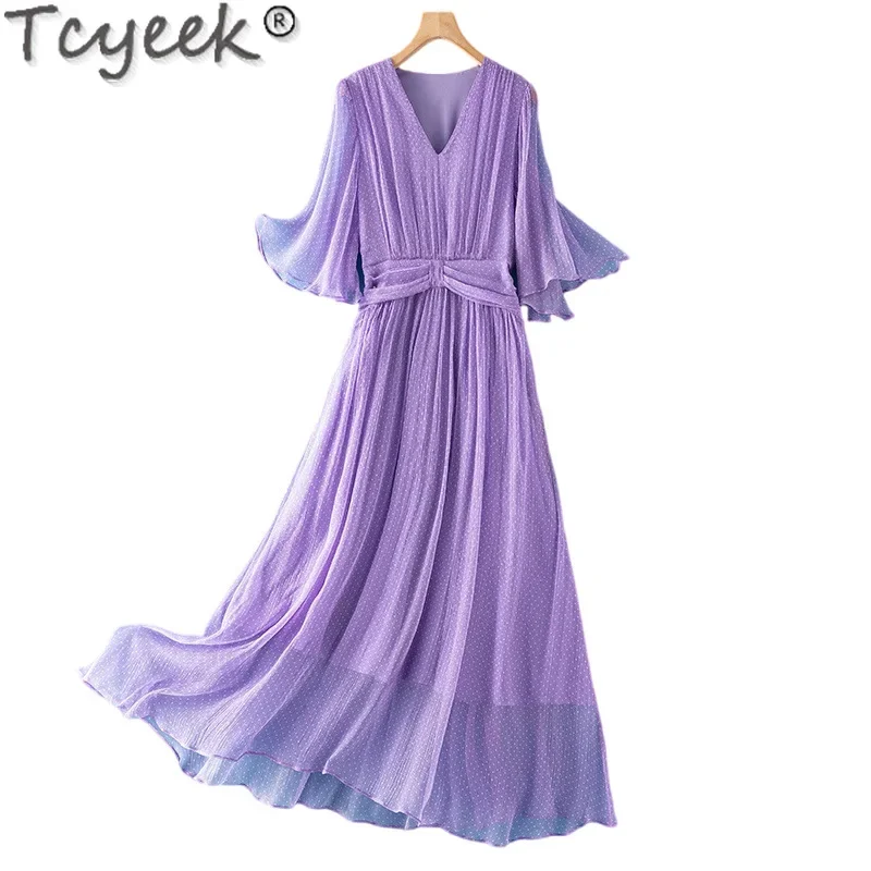 Tcyeek 100% Real Mulberry Silk Dress Womens Clothing Summer Dress 2024 Elegant and Pretty Women\'s Dresses Dots Vestidos De Mujer