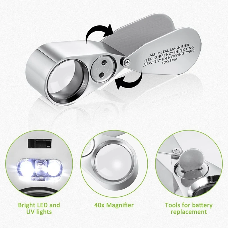 4 Pcs 40X Full Metal Illuminated Jewelers Magnifying Glasses With LED UV Light For Detect Coin Rock Jewelry Collecting