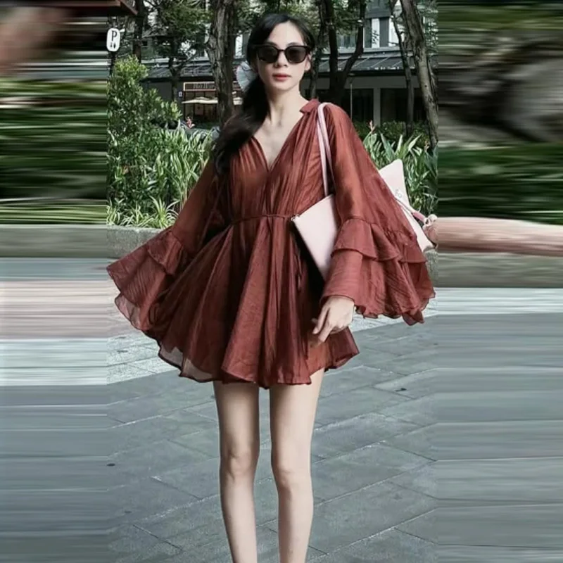 Hxao vestidos femininos com babados, verão 2025, laranja, renda, vestidos curtos, mini camadas, gola redonda, manga comprida, vestidos casuais 066