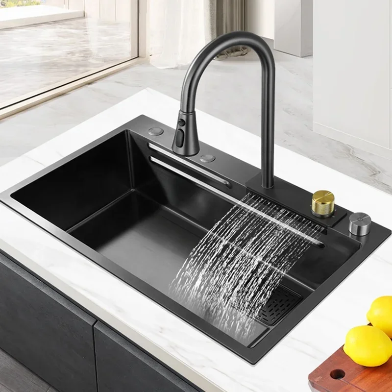 Luxury Kitchen Sinks Multifunctional Sink Modern Waterfall Rainfall Single Bowl Kitchen Sink Set Black 304 Stainless Steel China