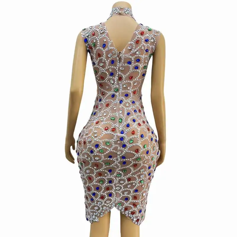 Funkelnde Frauen Strass kurze Kleid Kristalle Geburtstags feier Bühne tragen Leistung ärmellose Drag Queen sexy Kostüm elegant