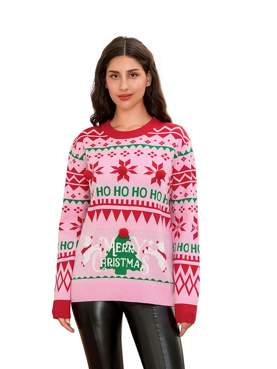 Women s Christmas Long Sleeve Sweaters Reindeer Snowflake Letter Tree Round Neck Ribbed Knitted Tops