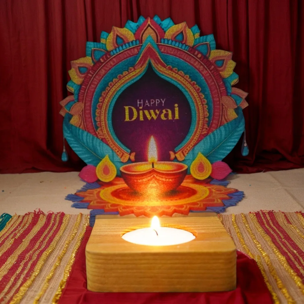 

Factory India Diwali Festival of Lights atmosphere wrought iron candlestick uv printing scene decorative props