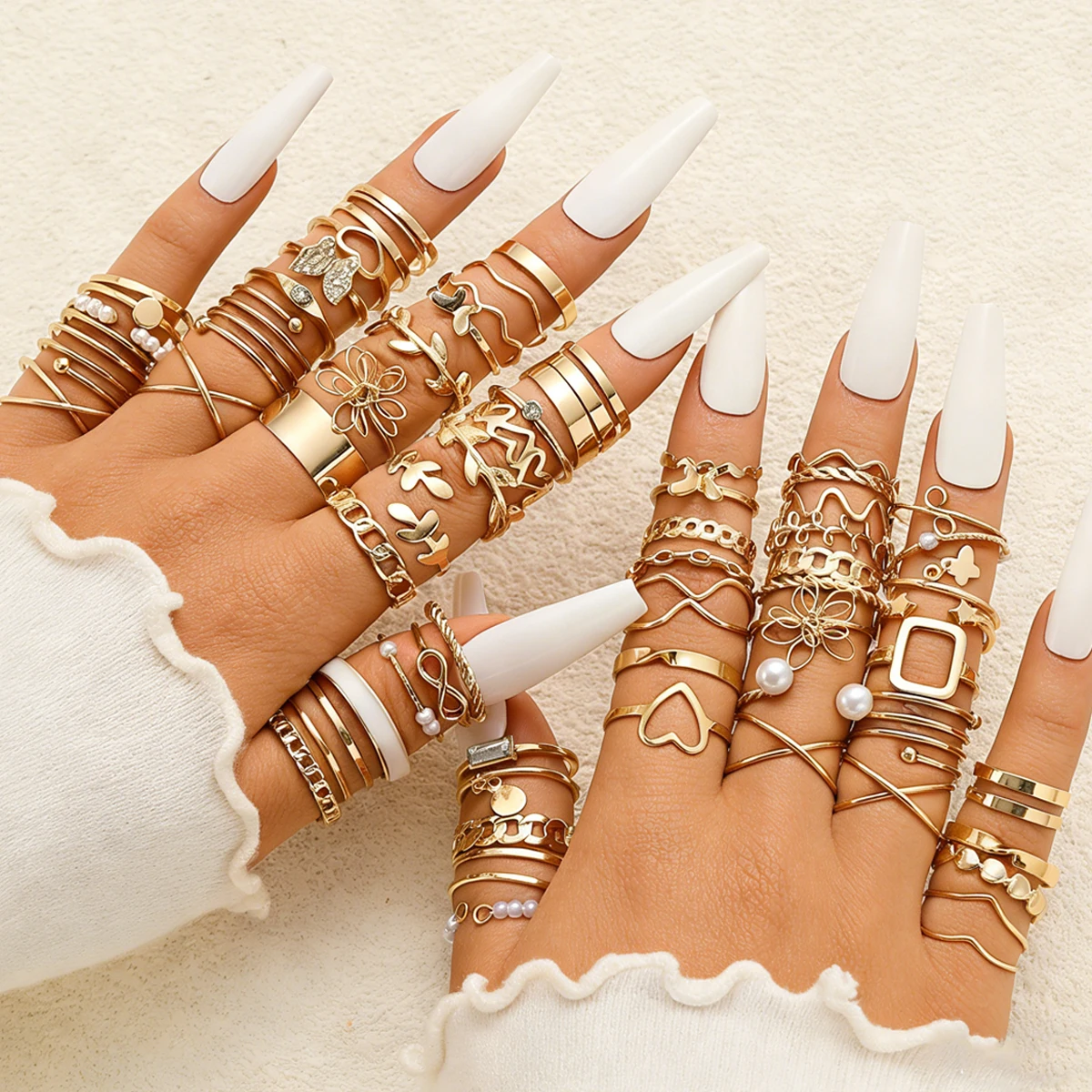 66pcs Vintage Minimalist Geometric Ring Set For Women Fashion Pearl Zircon Hollow Out Design Rings Daily Party Wear Jewelry Gift