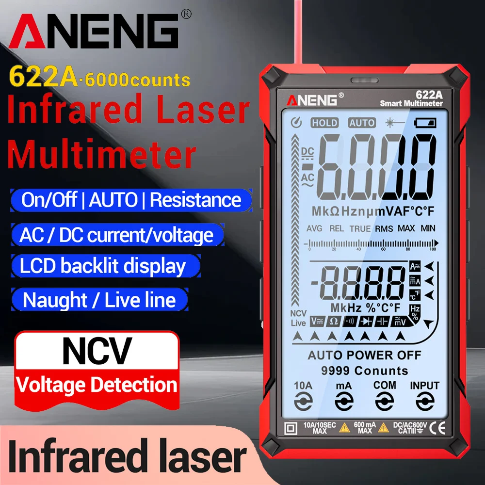 

ANENG 622A 6000 Counts Infrared Laser Smart Multimeter AC/DC Voltage Meter Current Meter NCV Detector Diode Hz Temp Capacitor