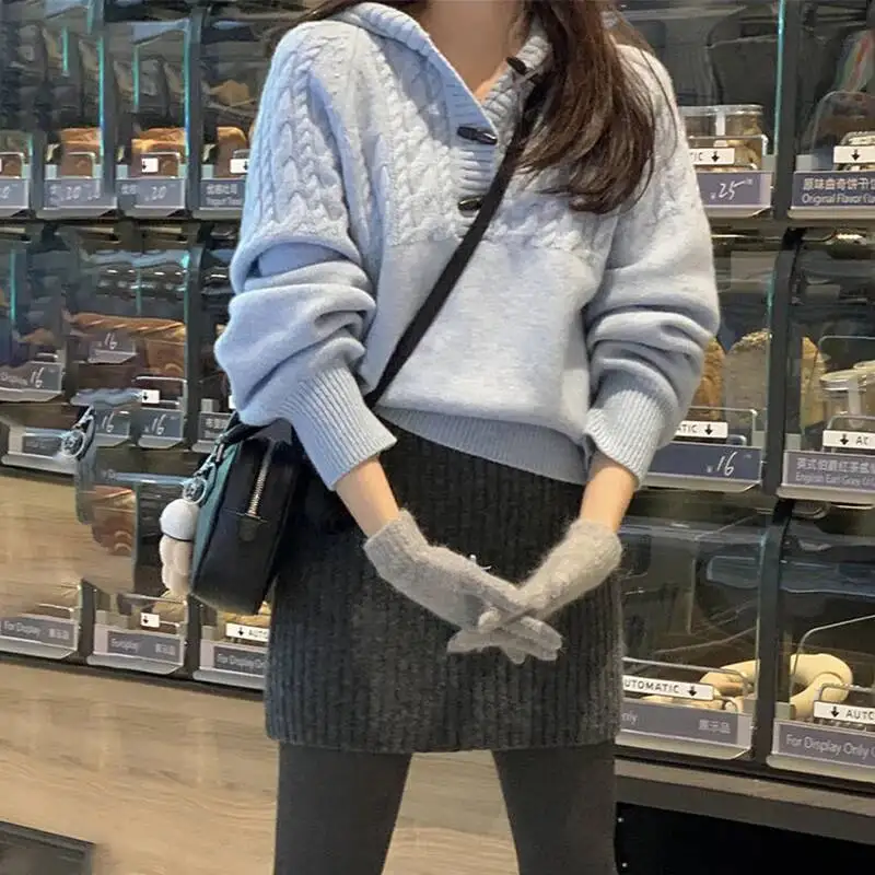 

Винтажные витые свитера с капюшоном и пуговицами, женские осенне-зимние корейские свободные вязаные пуловеры, женские утепленные толстовки