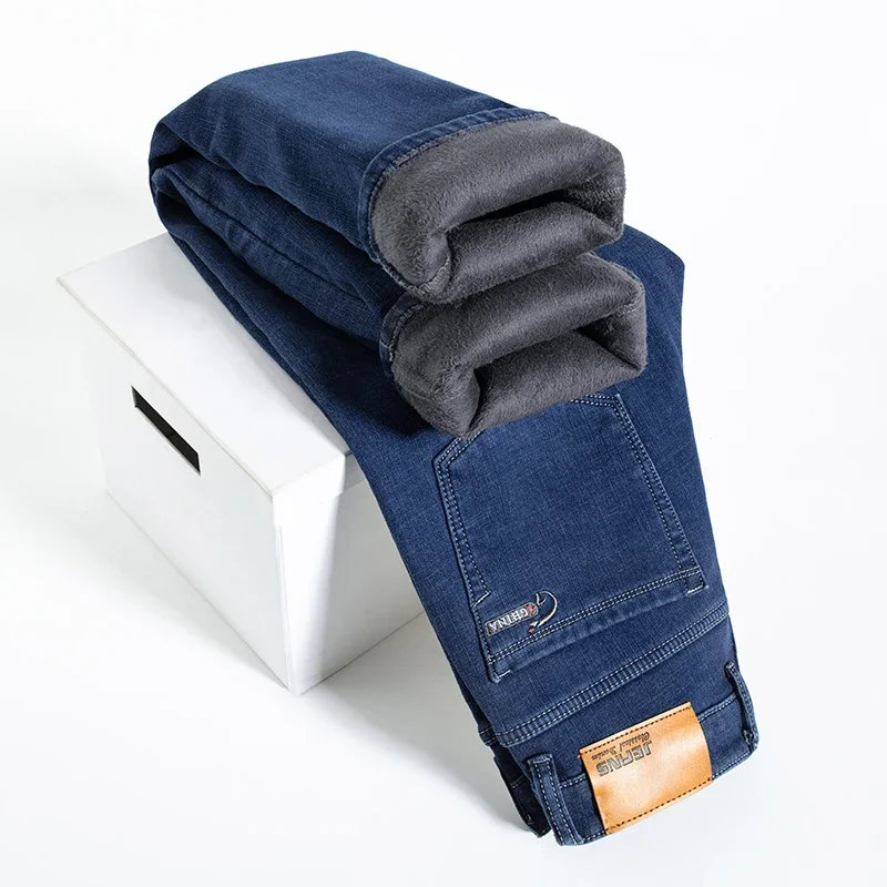 Business Stretch Fleece Thick Warm Loose Straight Leg Jeans Autumn and Winter Men Plus Size