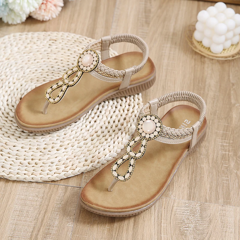 

Summer trend clip on flat bottomed comfortable bohemian casual bead rhinestone beach women's sandals