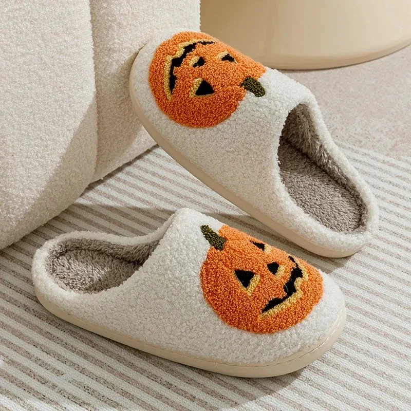 Smile Pumpkin Halloween Women's Slippers Winter Indoor Cartoon Comfort Home Bedroom Soft Causal Flat Plush Shoes for Gift