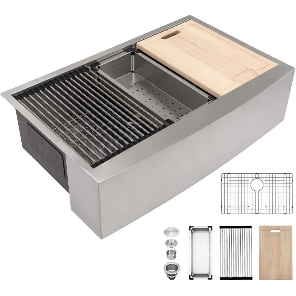 33 farmhouse sink stainless steel - 33 inch kitchen sink apron front ledge workstation 16 gauge stainless steel single bowl han