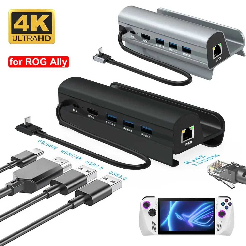 

4K 60Hz Handheld Console Stand Base PD Charging USB 3.0 Type-C HUB Aluminium Alloy 6 in 1 for Asus ROG Ally/Steam Deck