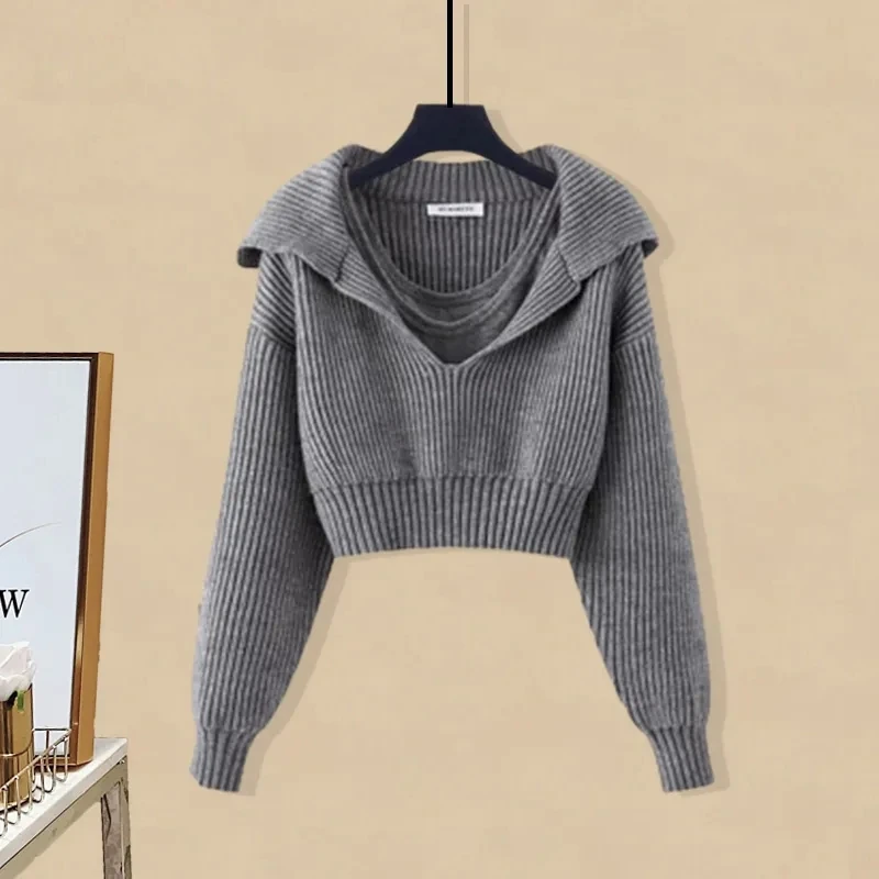 Autumn and Winter Set Women\'s New Korean Edition Western Style Casual Small Tank Top Knitted Sweater Wide Leg Pants Three Piece