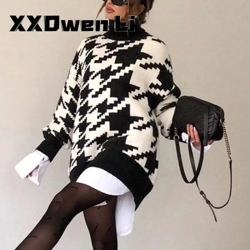 Winter Turtleneck Sweaters Warm Thick Knitted Casual Geometric Houndstooth Loose Sweater Women Long Sleeve Pullover Tops Jumper