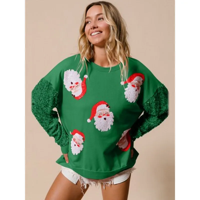 Christmas Glitter Hoodie Stylish Women's Christmas Tree Long Sleeve Top Cute Gingerbread Man Casual T-Shirt Chic Holiday Attire