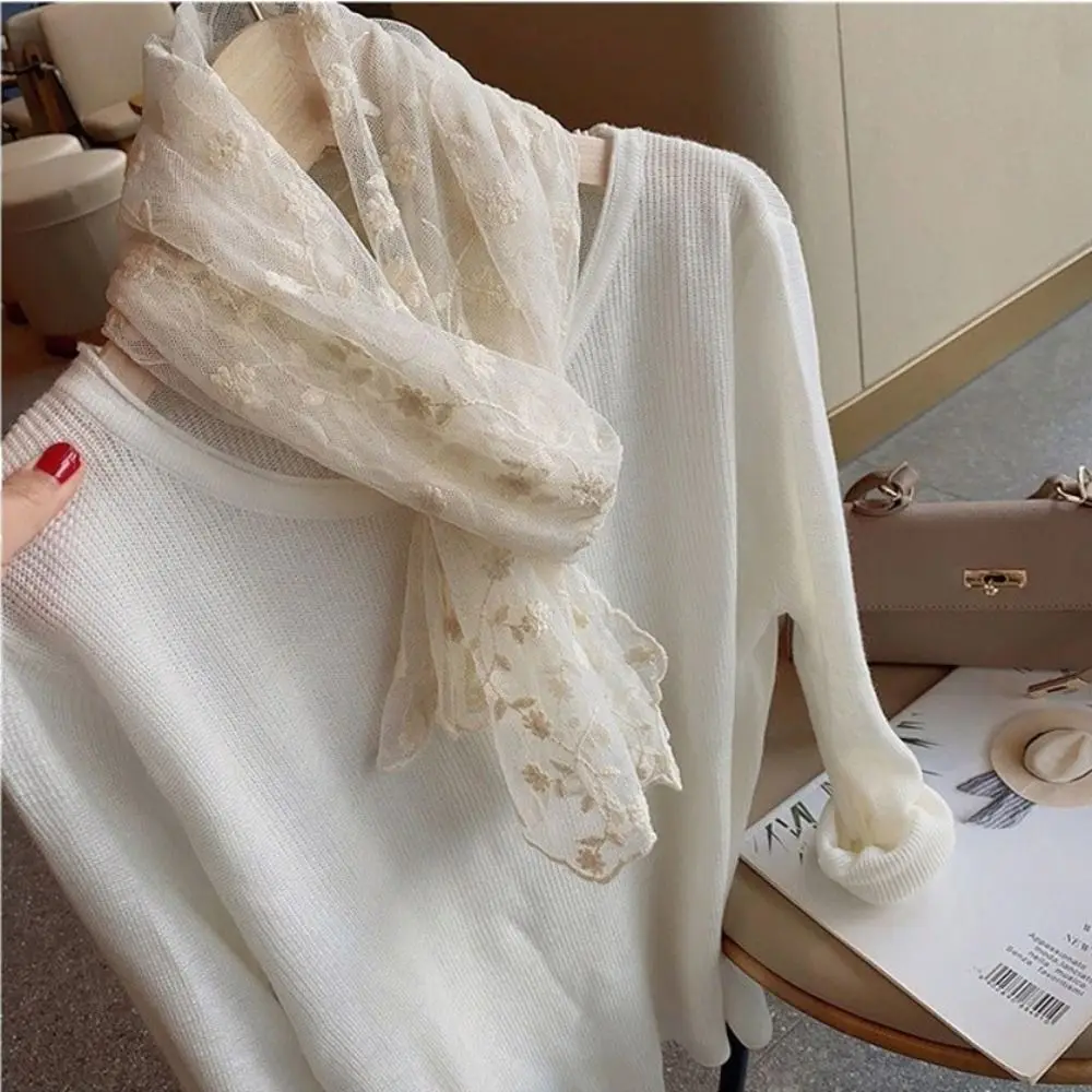 

Универсальный женский кружевной шарф в корейском стиле, ретро-версия, солнцезащитная кружевная накидка с вышивкой цветов, длинный женский головной платок