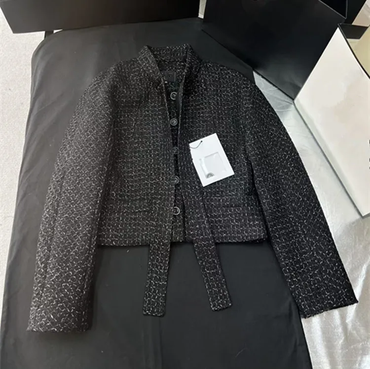 Customization European women's clothing - new summer styles in 2026 Long-sleeved single-button black tweed coat and pants set