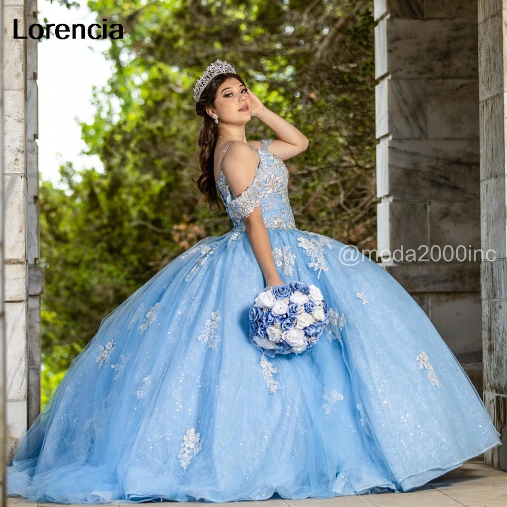 

Lorencia элегантное голубое небо Quinceanera платье бальное платье Кружевная аппликация из бисера мексиканский корсет Sweet 16 Vestidos De 15 лет YD29