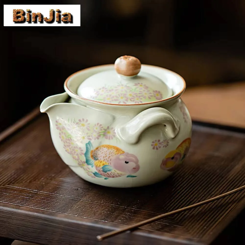 200ml Chinese Goldfish Hand Grasping Gaiwan Cream Ru Kiln Koi Fish Tea Tureen Maker Cover Bowl Set Ornaments Tea Ceremony Gift