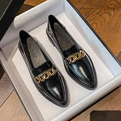 Plus Size 42 Oxford Shoes Woman Loafers 2024 Leather Flats Chains Sneakers Trend Girls Lolita Medium Heels Flats Spring