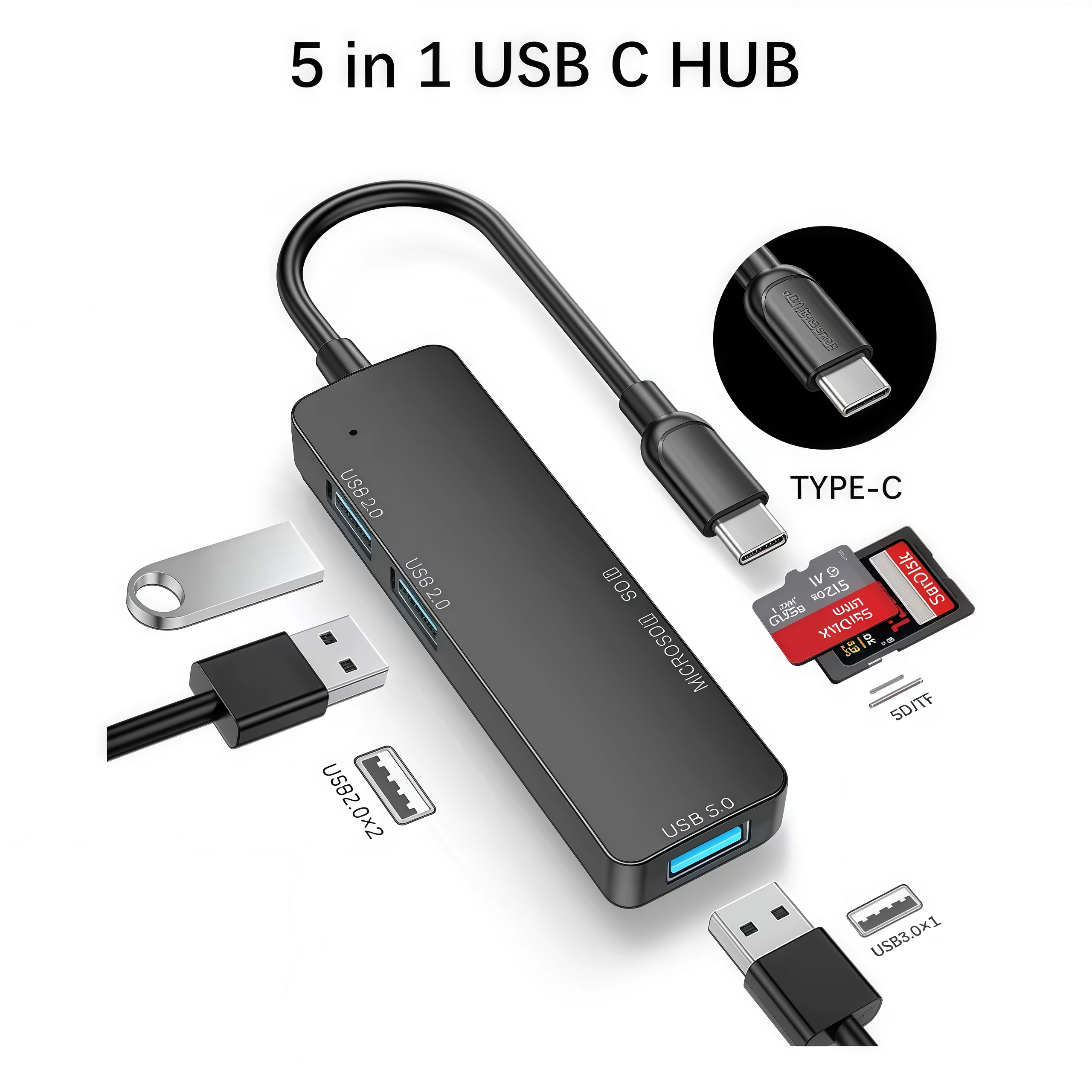 

Адаптер-концентратор 5 в 1 USB C для MacBook, 2 порта типа C к USB 3.0/2.0 с устройством чтения карт SD/TF для Mac Pro/Air, ноутбука, телефона