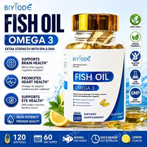 Omega-3 Fish Oil Softgels 120 Count, Cardiovascular Support, Extra Strength EPA & DHA, Natural Lemon Flavor, Burpless, Ultrapure