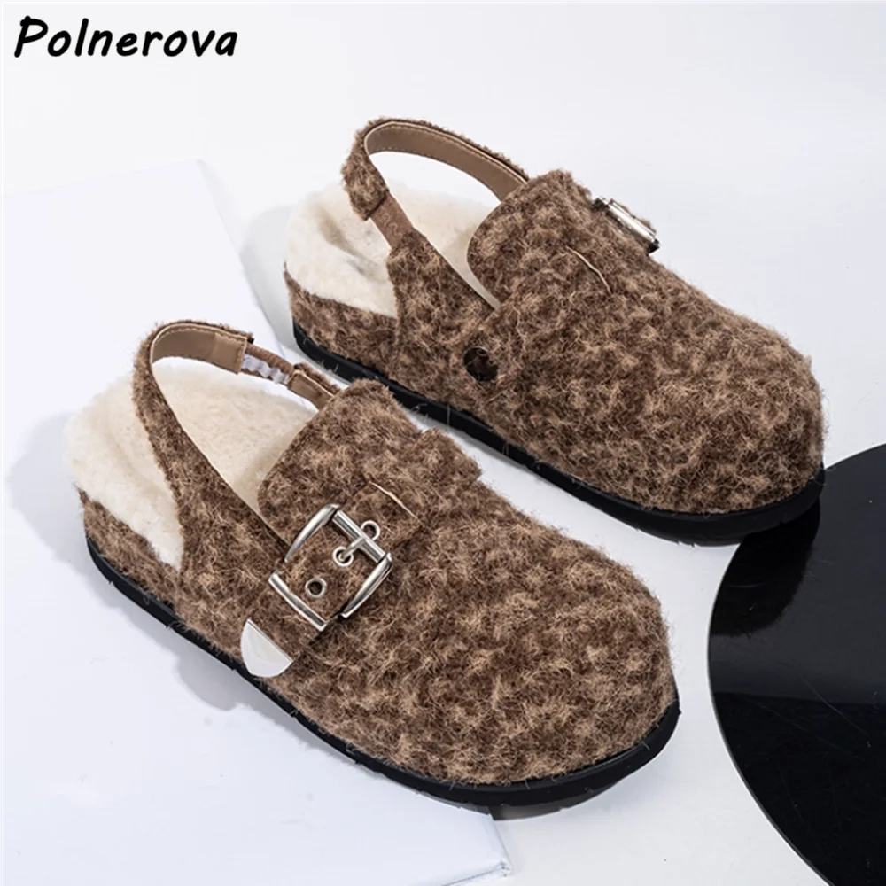 

with Fur Thick Soled Winter Slippers Round Toe Buckle Belt Fashion Warm Slip On Shoes Women's Outdoor Leisure Concise Shoes