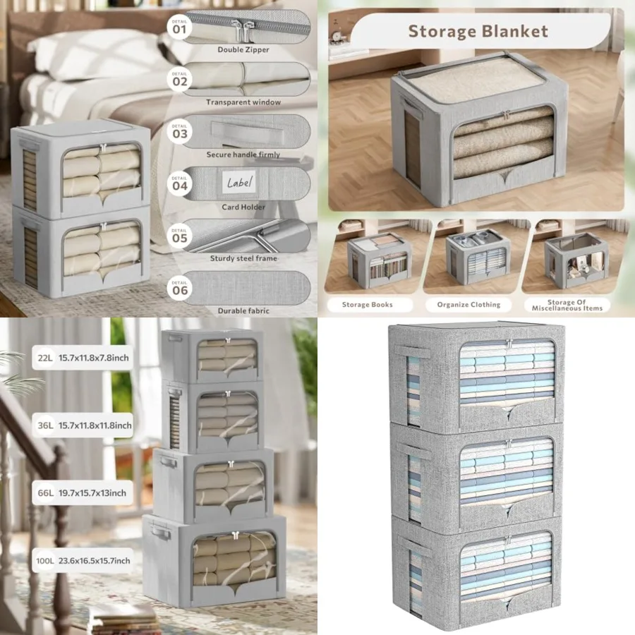 

3 Pack Clothes Storage Bins Foldable Metal Frame Storage Box Stackable Linen Fabric Organizer Set with Carrying Handles and Cle