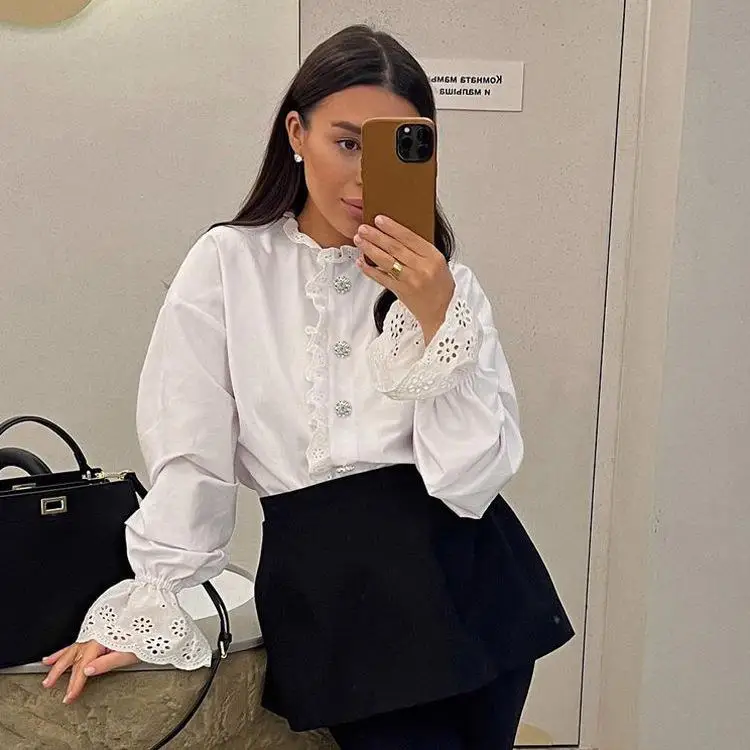 

Women's White Shirt Stand Collar Ruffle Top Long Sleeve Commute Style Fashionable Women's Clothing Easy to Wear