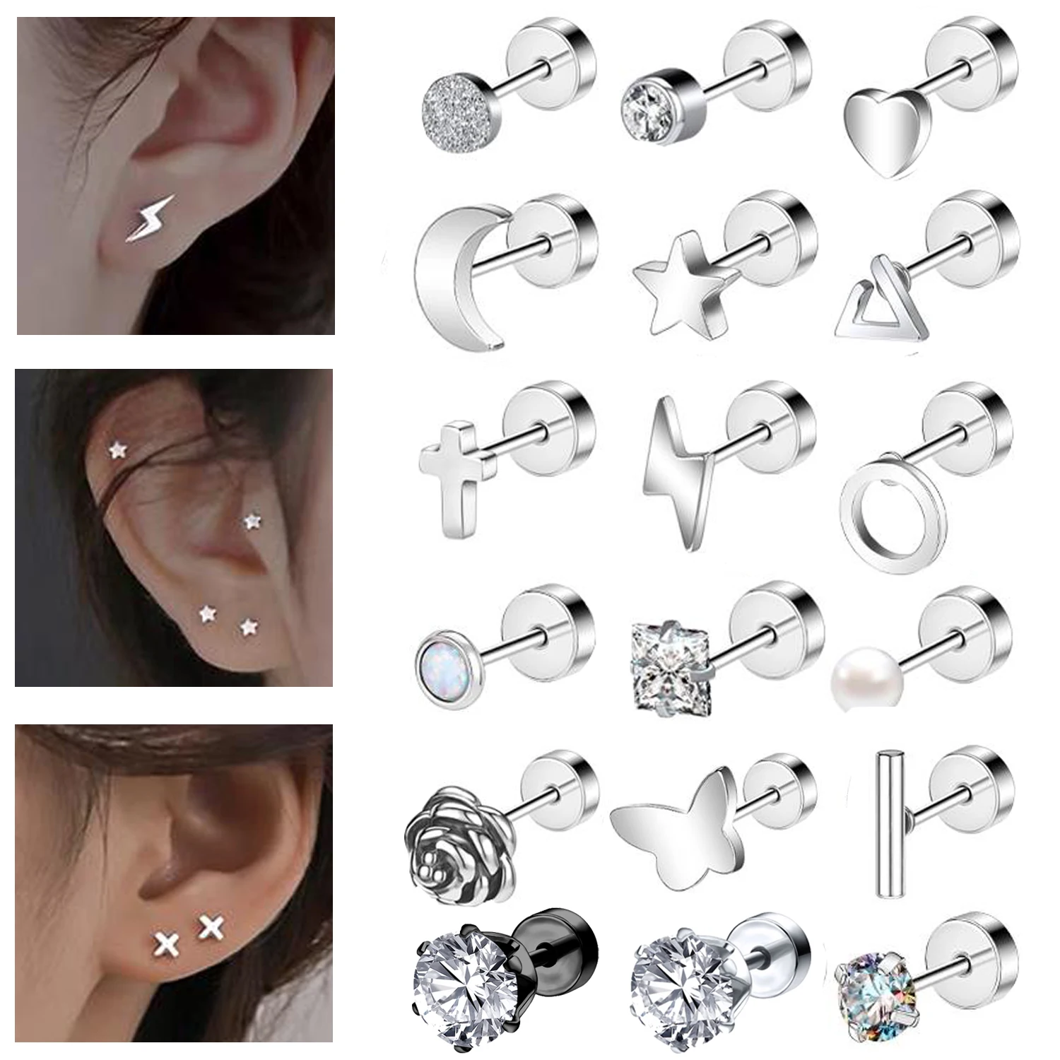 ZEMO 2PCS/lot 20G Crystal Ear Studs Stainless Steel Stud Earring for Women Heart Cross Leaf Zircon Ear Helix Cartilage Piercing