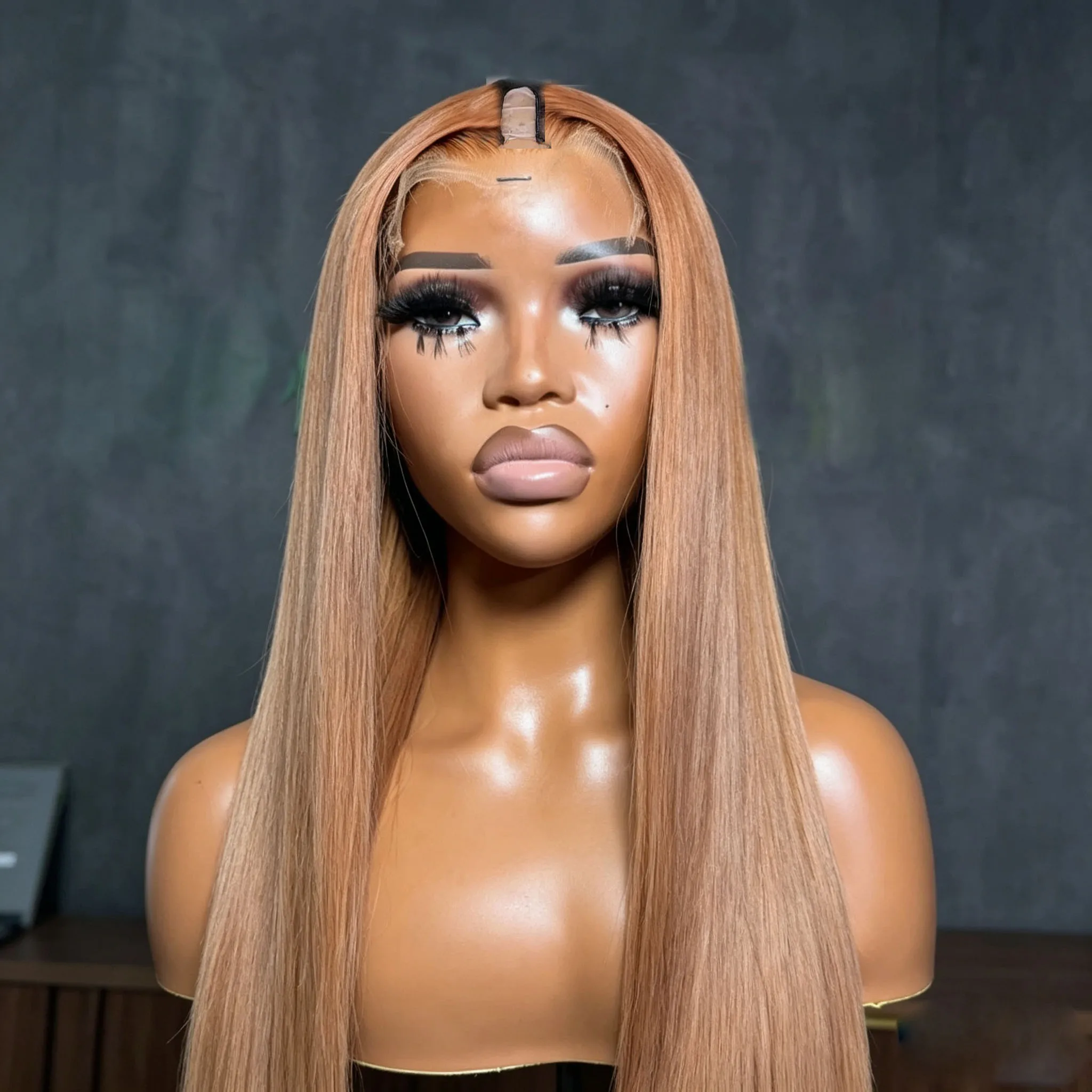 Lange, seidig glatte, blonde, aschbraune U-Part-Perücke, Top-Qualität, weiches 100% Echthaar für Damen, V-Form-Perücke, 200% Dichte, volle Spitze – Detail 3