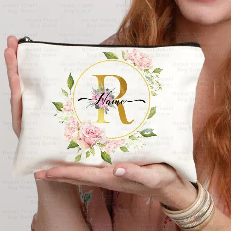 New White Wash Bag with 26 Golden Initial Customized Name Bag Bath Organizer Pouch Women's Wallet Cosmetics Storage Wristlet Clu