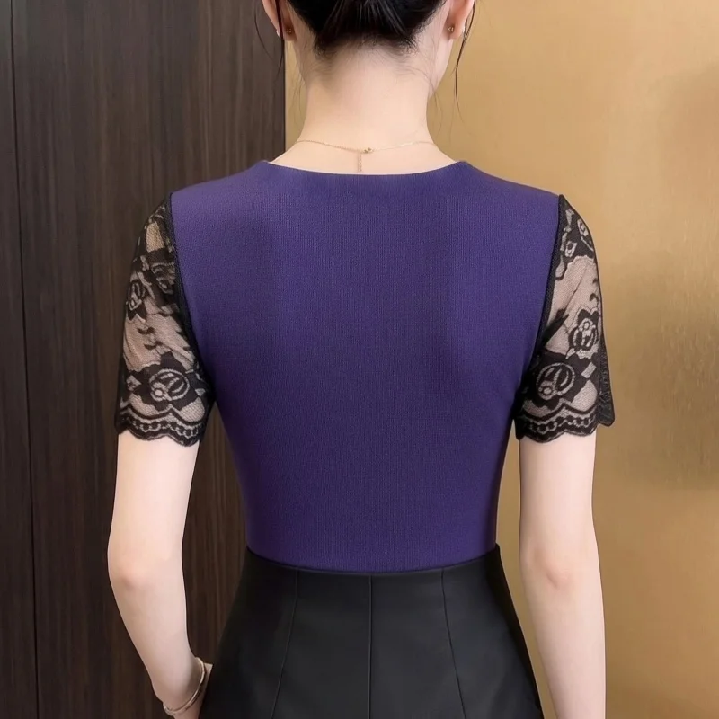 High Quality Lace V-neck Patchwork Female T-shirt Women'sSweet Beaded 3D Flower Decor Ruffled Short Sleeved Tees Tops
