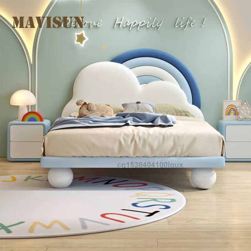 

Light Luxury Dreamy Cloud Rainbow Cartoon Children’ s Bed Soft Leather Upholstered Headboard Modern Solid Wood Single Kids Bed