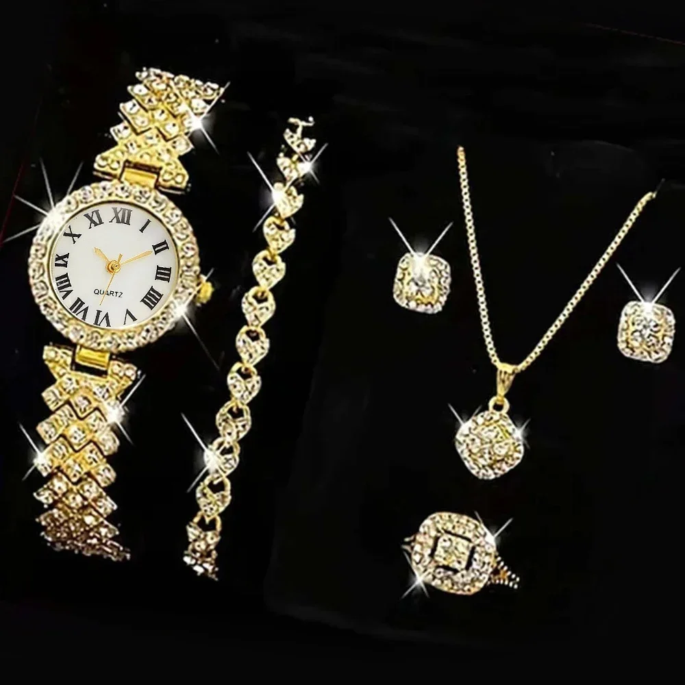 Conjunto de 5 piezas de Reloj para mujer, anillo, collar, pendientes, diamantes de imitación, Reloj de pulsera informal para mujer