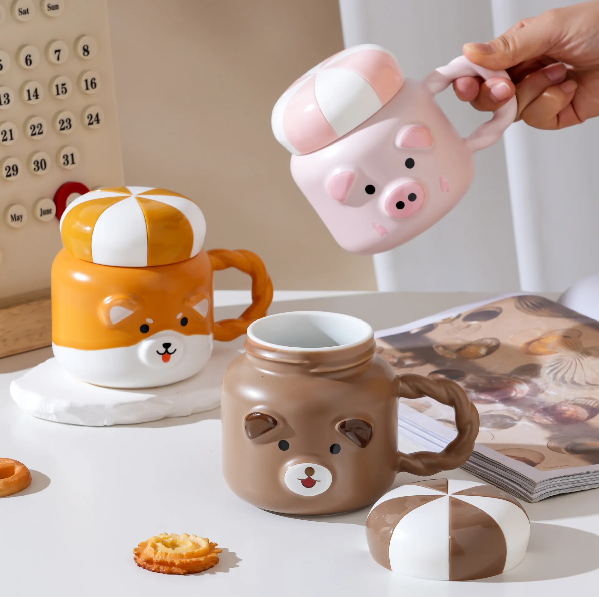 Taza con tapa, termo de imitación, taza informal con forma de osito, taza de cerámica con gran barriga, taza para beber de empresa, tazas de leche para desayuno en casa