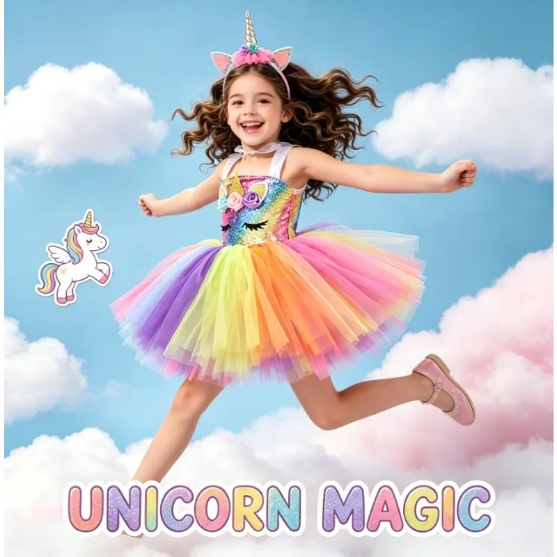 Girls Unicorn Princess Short Tulle Dress Cartoon Gown New Year Birthday Party Daily Performance Dress Up Outfit For Little Girls
