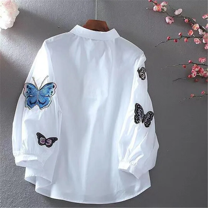 Retro Lantern Sleeve Blouses Women Top Butterfly Embroidered Shirt For Women Lapel Button OL Blusas Literature Art Female Blouse