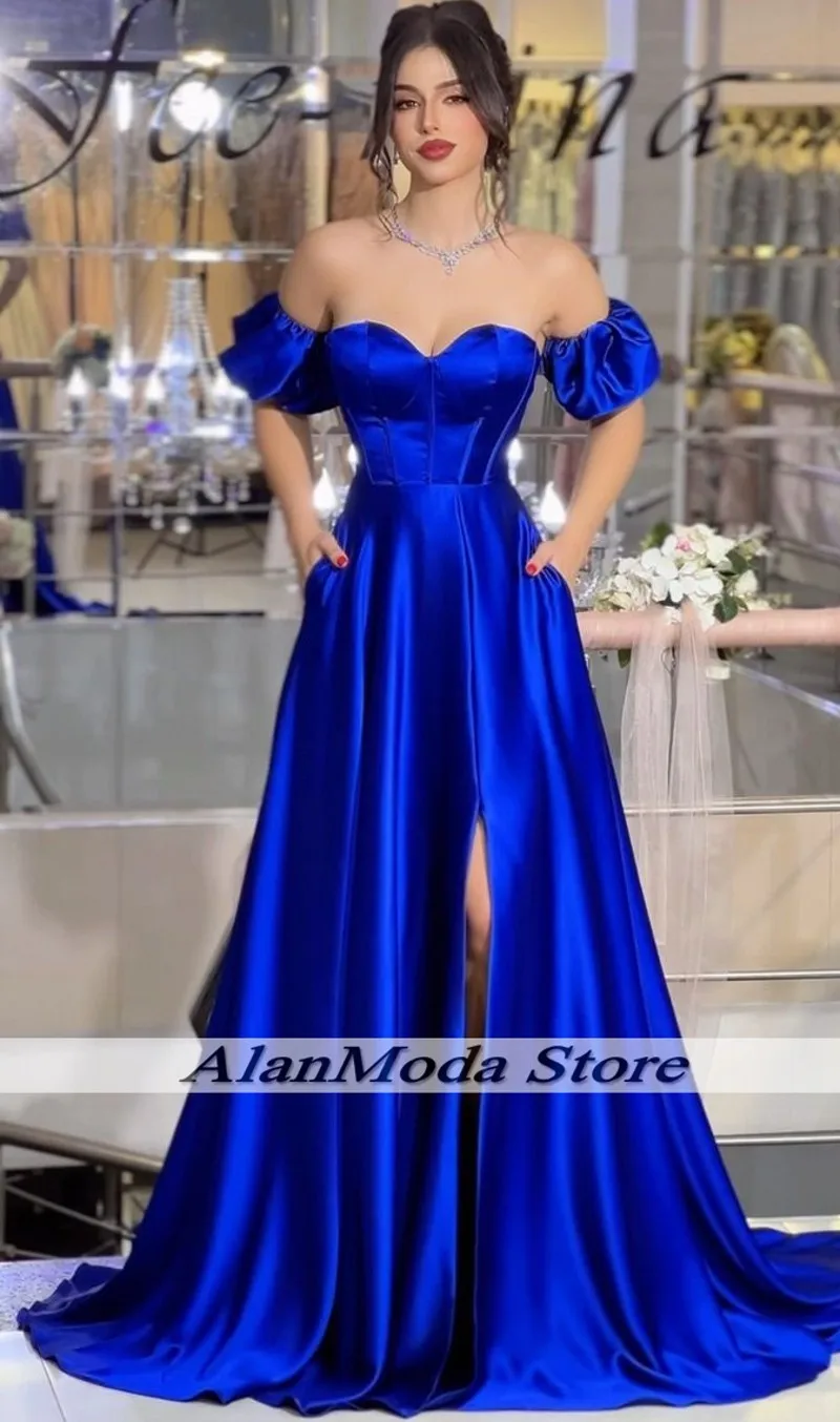 Elegant Royal Blue Evening Dresses Woman Off The Shoulder Short Sleeve A LIne Wedding Guest Gowns Dubai Abiye Elbise