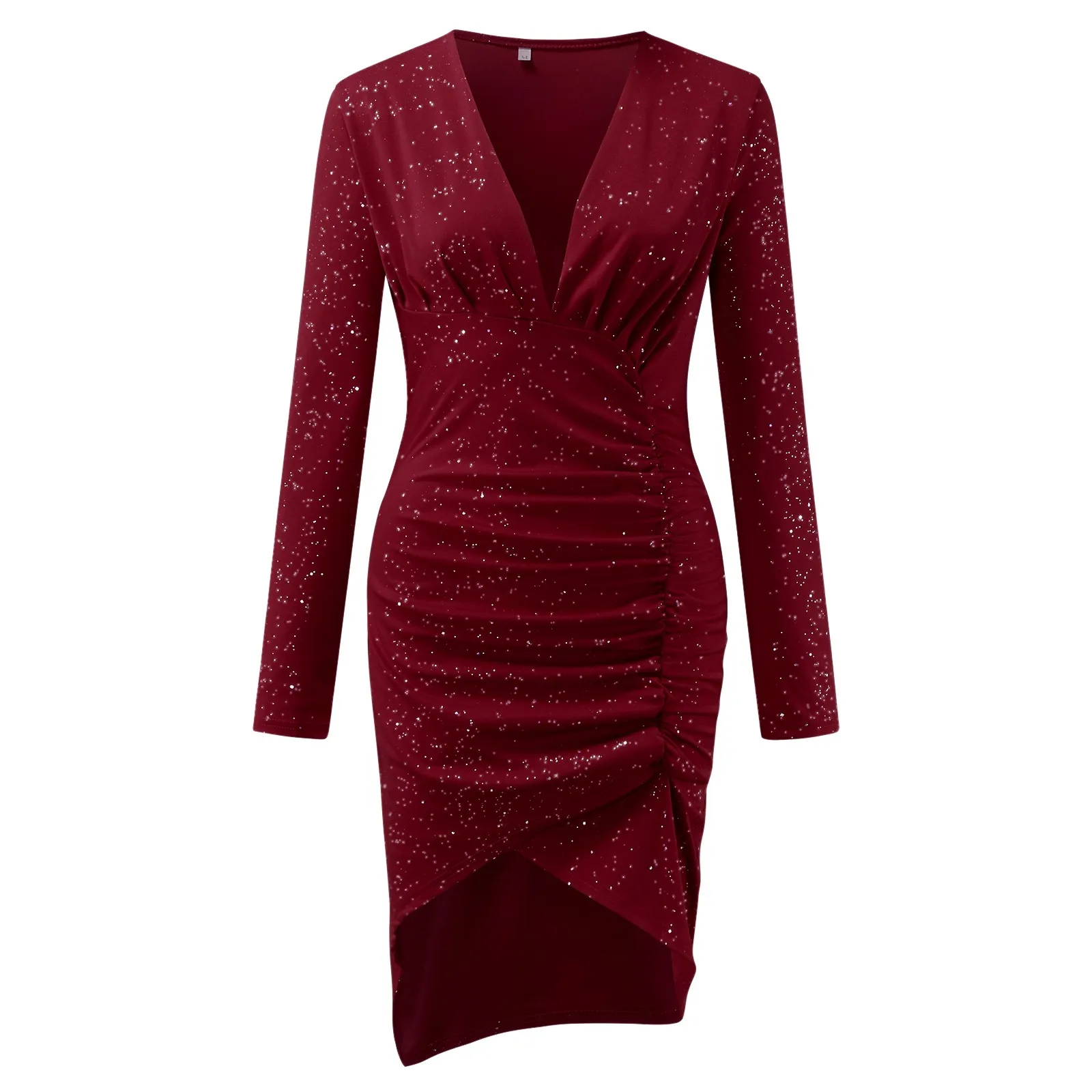 Elegant Shiny Sequin Bodycon Prom Dress Women Slim Deep V-Neck Long Sleeve Short Dress Irregular Pleated Evening Party Dresses