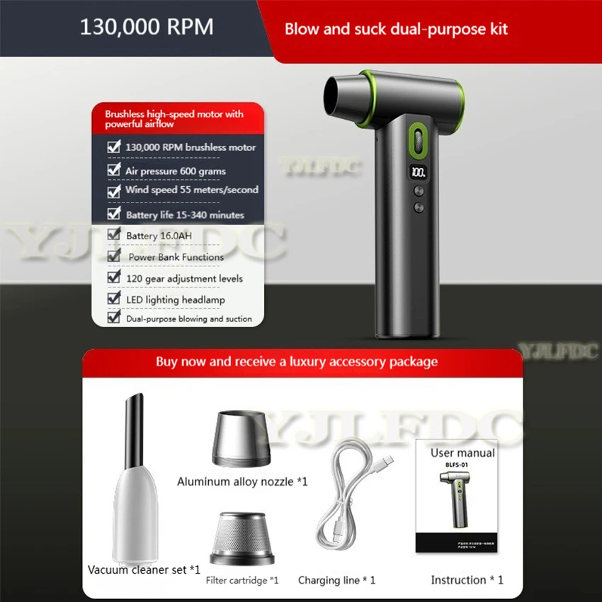 Kipas Jet Turbo Tanpa Sikat 200000RPM Kipas Genggam Kuat Kecepatan Angin Turbo Pengisian Daya Tipe-C Peniup Udara Kuat Kipas Saluran Industri