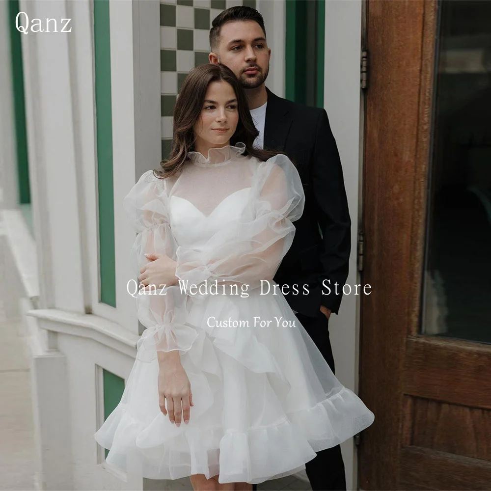 

Qanz Boho Short Wedding Party Dresses Long Sleeves See Through Vestidos Para Eventos Especiales Tulle Short A Line Bridal Gowns